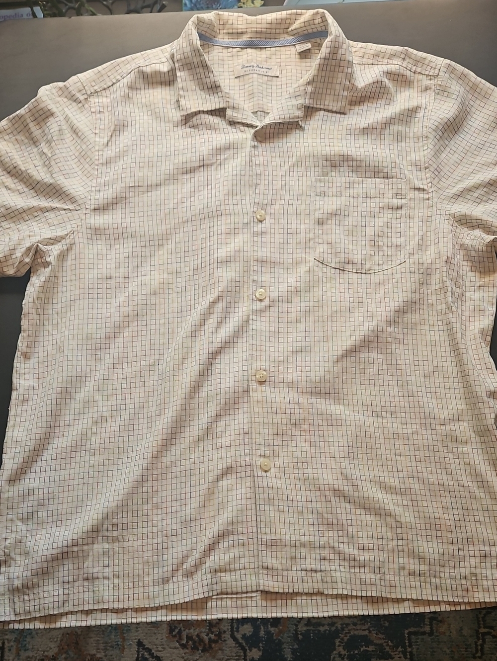 Tommy Bahama Short-Sleeve Button-Front White Shirt with Blue and Tan Grid